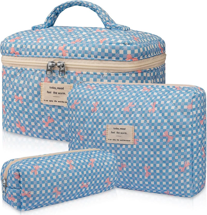 Gosect 3PC Makeup Bag Set, Cute Cosmetic Bag for Women Girls, Floral Coquette Aesthetic Toiletry Bag, Travel Make Up Organizer Bag（Blue Check） - Image 1